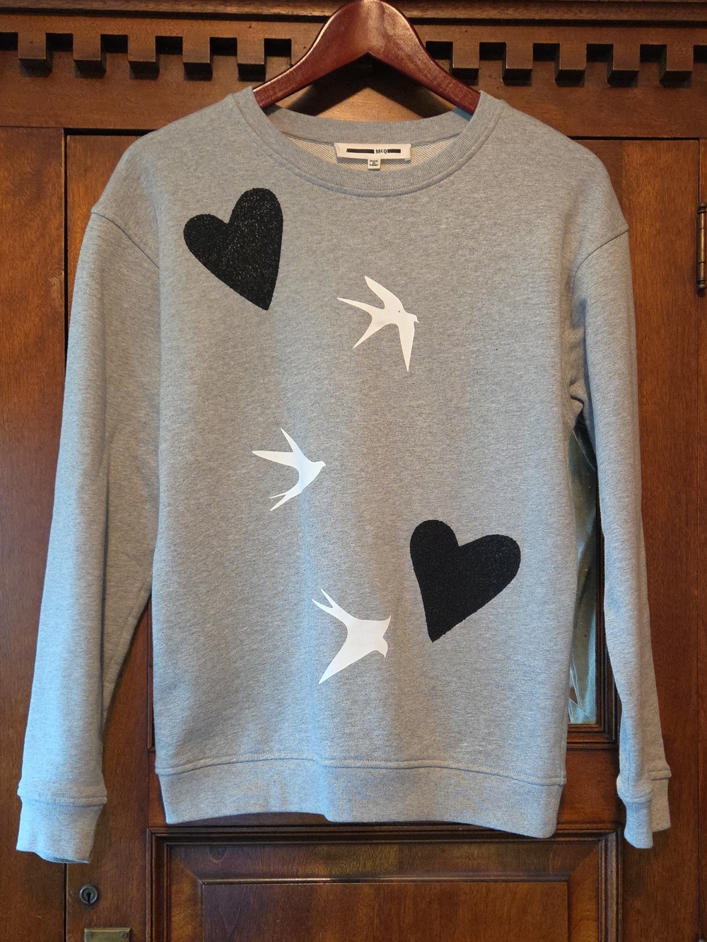 McQ by Alexander McQueen Gray Sweatshirt with Black Hearts & White Swallows